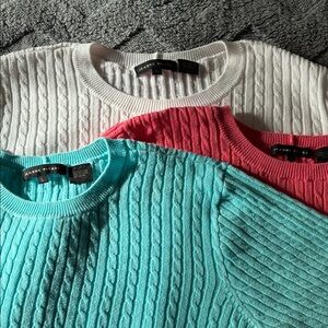 Cable Knit Sweaters - White, coral and light turquoise